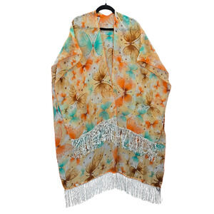 Orange Butterfly Long Open Fringe Boho Beach Swim Cover Up Duster Kimono OS